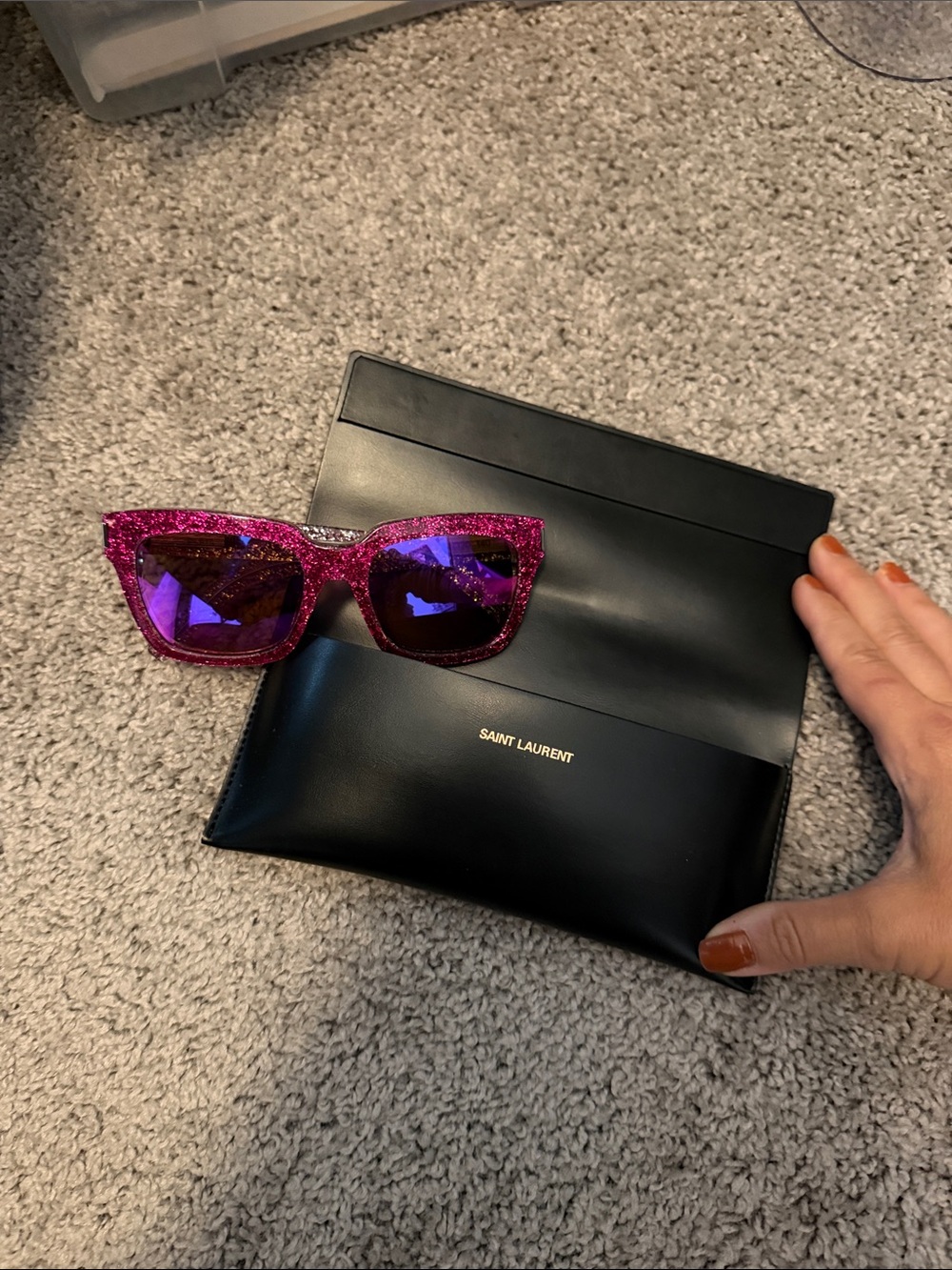 Saint Laurent Pink Glitter Cat-Eye Sunglasses with Purple Mirrored Lenses